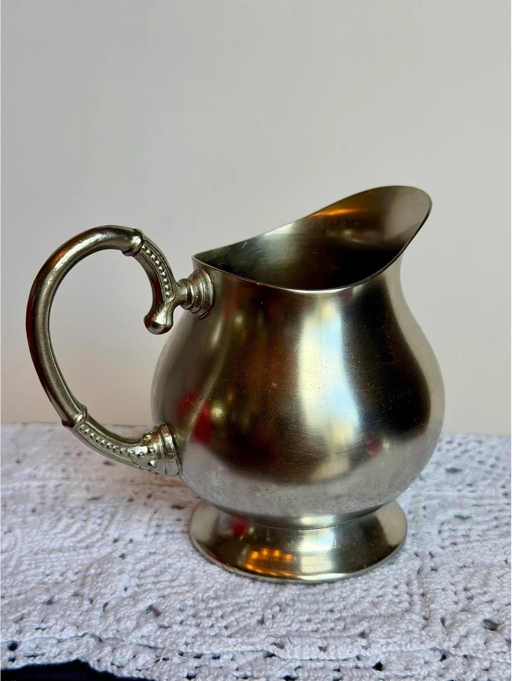 Vintage BICCO Genuine Pewter Creamer Pitcher Silver Tone Ornate Handle